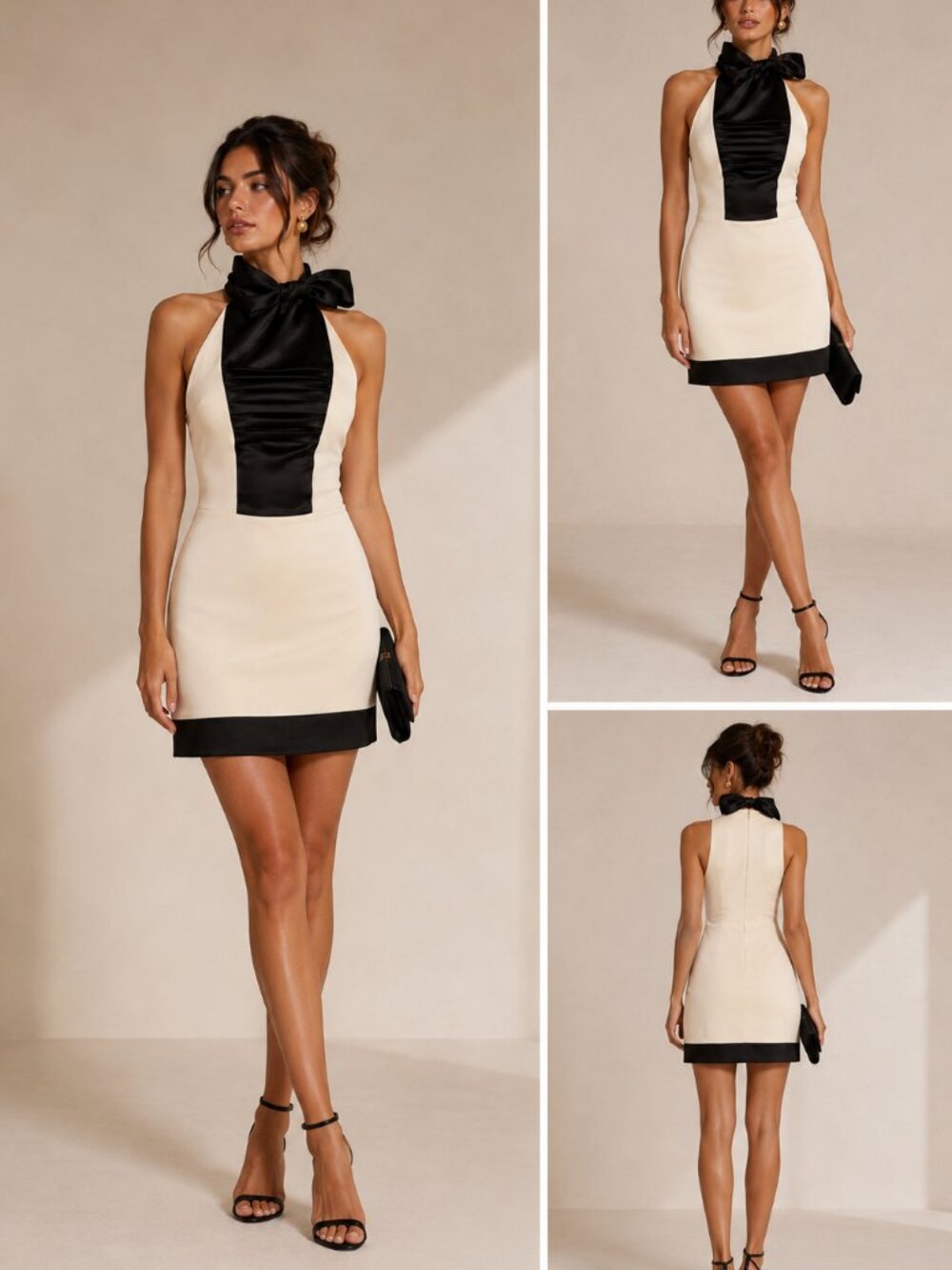 Black & Cream Satin/silk Halter Mini Dress XS/S